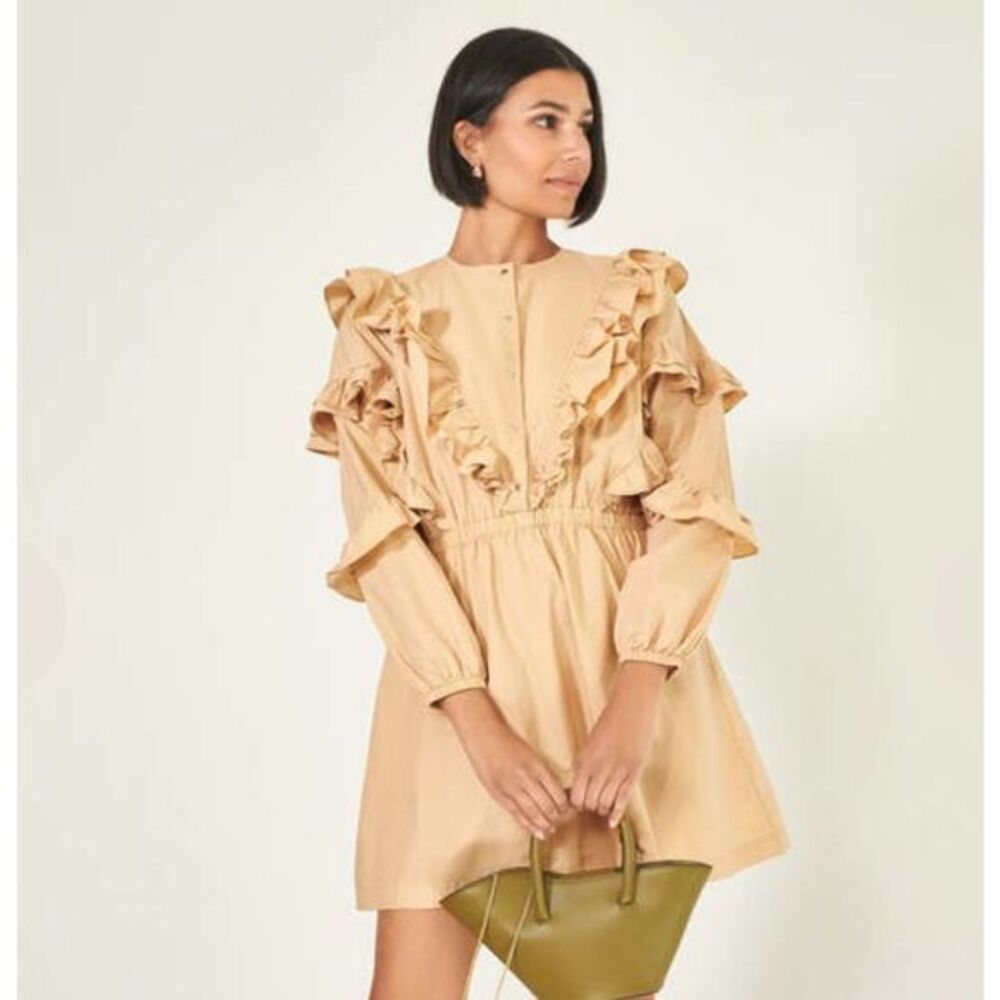 Roseanna Daily Emiliano Mini Dress 36 US 4 Sand Beige Ruffle Long Sleeve Snap